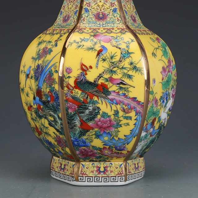 Yellow Color Golden Enamel Fower Bird Pattern Hexagonal Vase Antique Ornaments Jingdezhen Porcelain 4