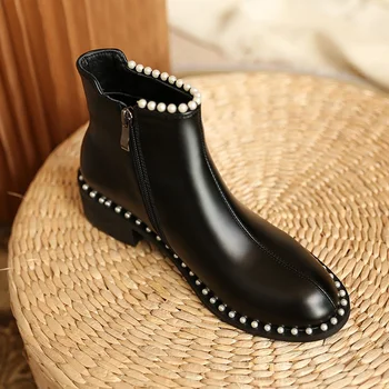 

Classic Chelsea Boots New Autumn Winter Warm Women Ankle Boots Genuine Leather Med Heels Short Boots Shoes Woman Big Size 34-43
