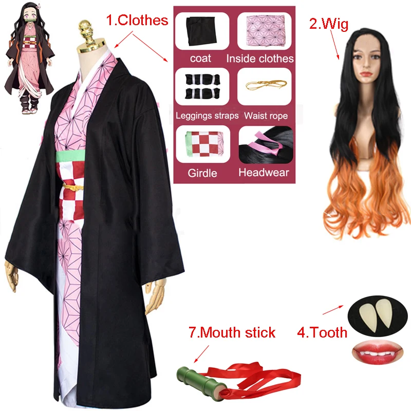 NEW Hot Anime Demon Slayer Kimetsu no Yaiba Kamado Nezuko Full Cosplay  Shoes Wig Tooth Mouth Stick Adult Woman Cosplay Costume