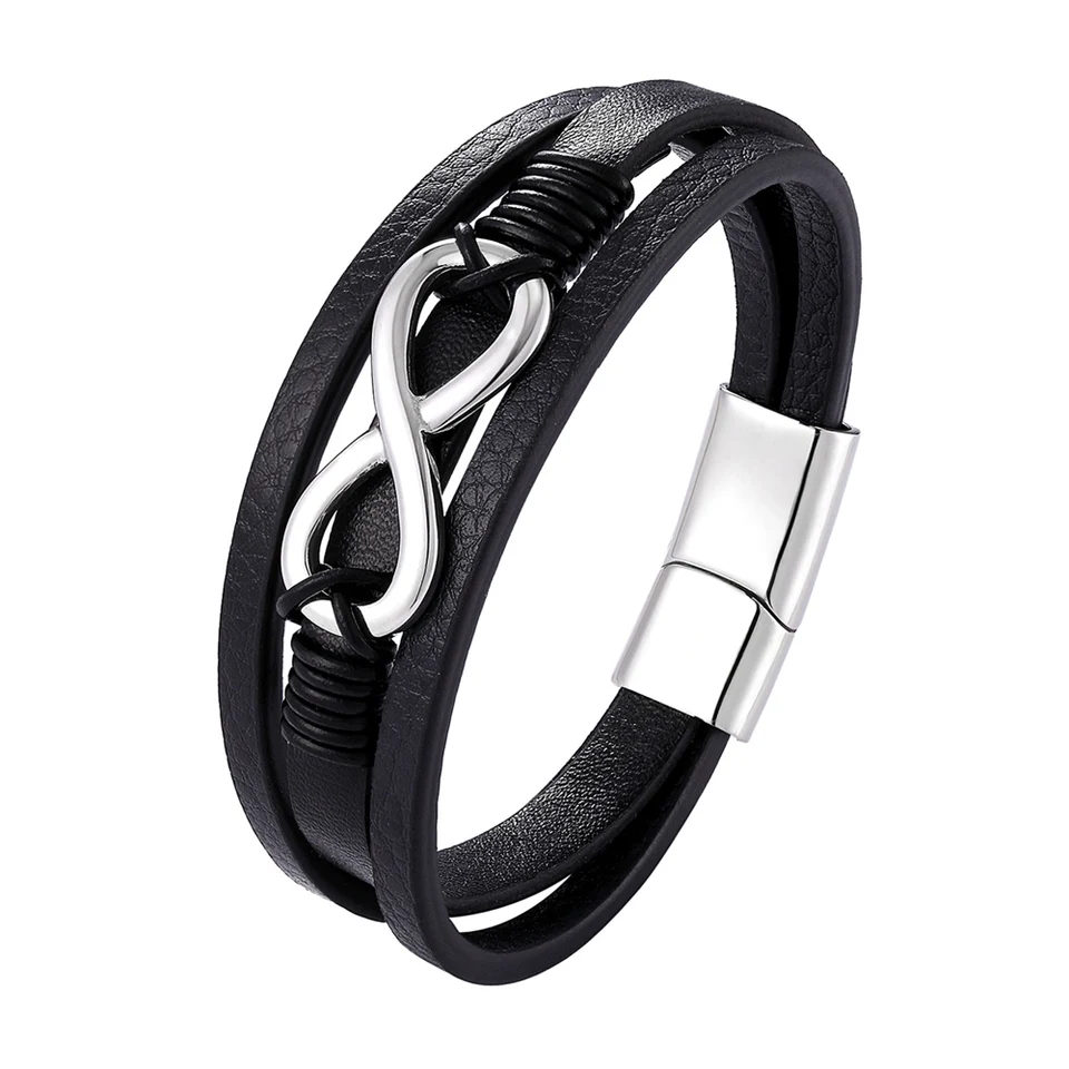 BioMag Leather Bracelet For Men & Women - Stainless Steel Magnetic Clasp Cuff Bangle, Handmade Gift, Black, 7.68"