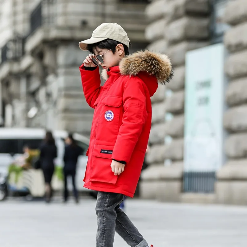 Пуховик для мальчиков-подростков, новинка года, зимние парки теплое пальто с большим воротником из натурального меха для детей возрастом 10, 11, 12, 13, 14 лет - Цвет: Красный
