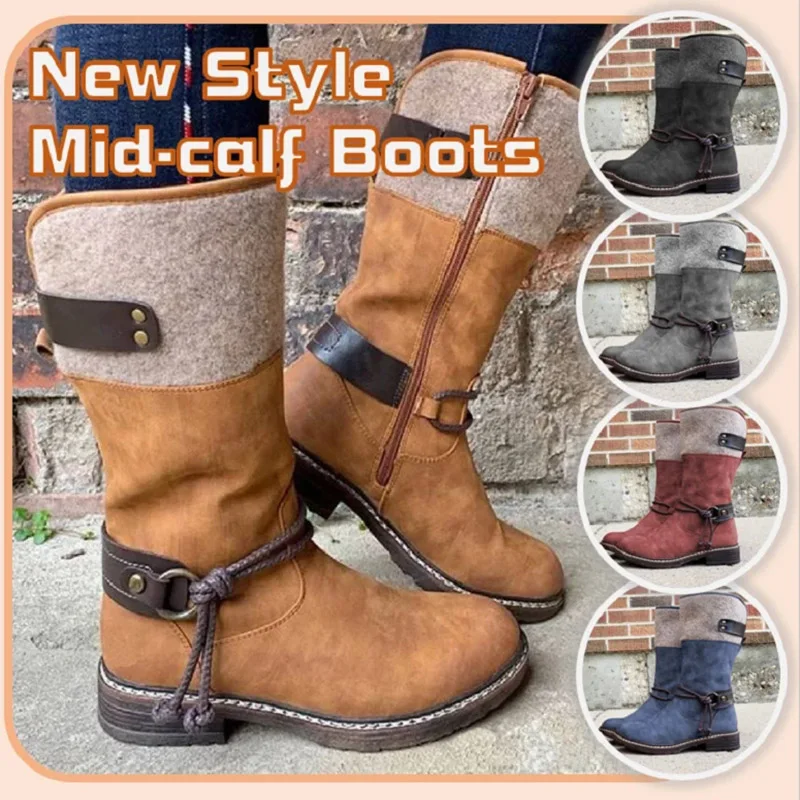 

Women Snow Boots Vintage Round Toe Low Heel Long Booties Winter Autumn Shoes TH36