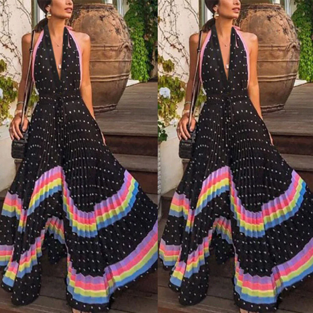nuevos trajes женское Плиссированное вечернее платье без рукавов со шнуровкой и радужным принтом для банкета с v-образным вырезом espalda cruzada para mujer