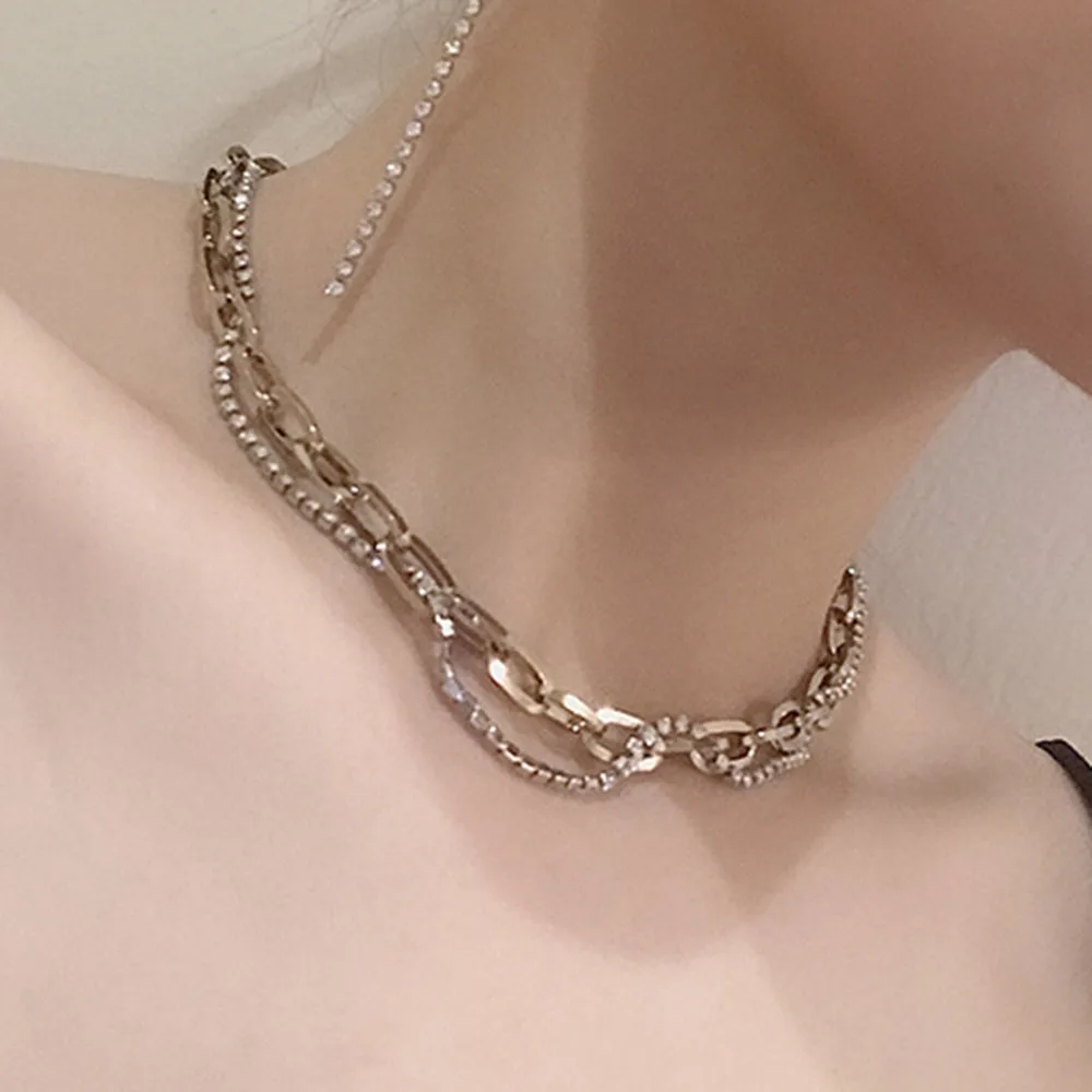 

Chain link layered choker necklace for women zircon rhinestone gold color 2019 punk