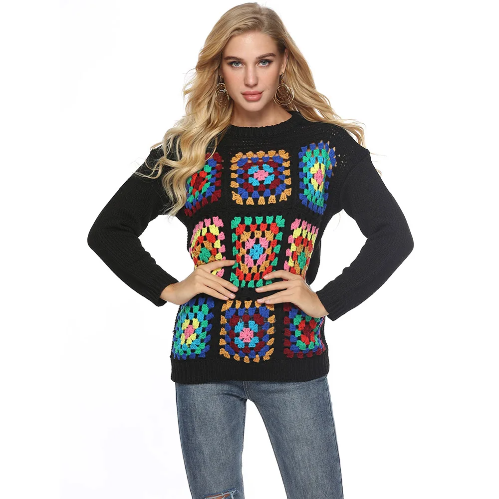

Joineles Autumn Winter Colorful Crochet Women Sweaters Fashion Round Neck Long Sleeves Knitwear Pullovers Casual Female Jumper