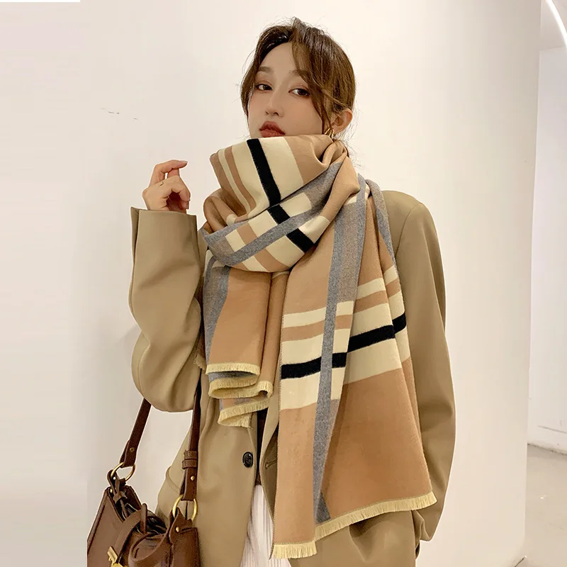 

Spring and autumn new style cashmere fringed thick scarf women air conditioning shawl Korean striped thick warm scarf