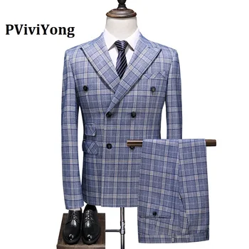 

PViviYong brand 2020 high quality suit men double-breasted grid Business Suit Three-piece (Jackets + Vest + Pants) 6032