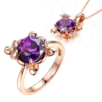 

14k Rose Gold Amethyst Gemstone Jewelry Sets For Women Ring Pendant Necklace Purple Gem Amethyst Wedding Party Fine Jewelry