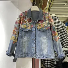 

Heavy work Diamond Beaded Color Sequin Flowers Women Denim jacket Loose Casual Long sleeve Jeans Casaco Feminino Spring 2021 New