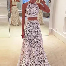 Платье для выпускного вечера из двух частей с жемчужинами и шлейфом, белое кружевное платье без рукавов для выпускного вечера