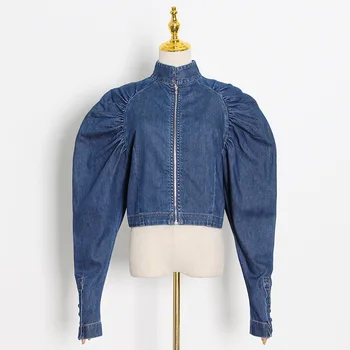 

HIGH QUALITY Newest Fashion 2020 Runway shirt TOP Women's Turtleneck Long Sleeve Draped Zippers short Denim TOP