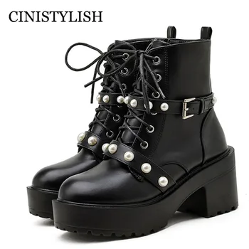baratas Demonia Botas Goth Sapatos Alta Geels Pérola Fivela Estilo Gótico Preto Sapatos Na Plataforma Do Punk Botas De Tornozelo Feminino Rendas Até Botas 2020