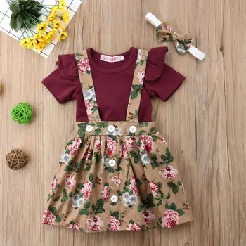 

Infant Newborn Baby Girls Clothes Ruffles Short Sleeve Tops Cotton Romper +Floral Button Belt Dress +Headband 3pcs Sets Outfit