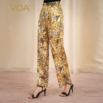 

VOA Leopard Print Silk Satin Micro-elastic Cow Tendons Waist Bag Button Soft Leisure Joker Wide Leg Pants K1108