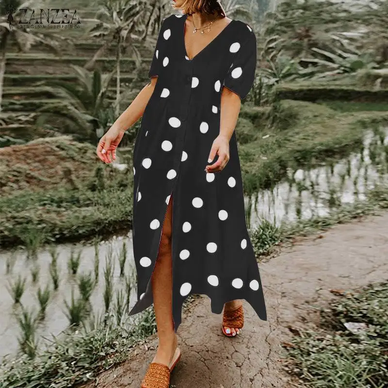 

2019 Summer Sundress ZANZEA Women Buttons Down Long Shirt Mid Calf Dress Bohemian Dresses Female Casual Loose Pocekts Vestidos