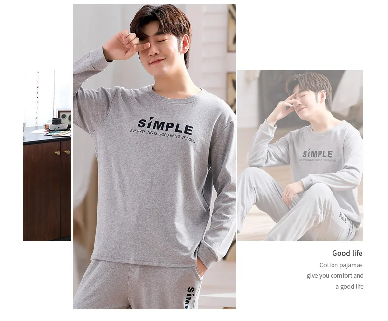 mens silk pajama set Spring Autumn Men's Cotton Pajamas Set Letter Simple Sleepwear Gray Pajama Casual Sleep&Lounge Pyjamas Plus Size L-4XL Pijamas mens designer pjs