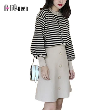 

2019 Autumn Women Knitted Sweater Suits Striped Sweater Cardigan + Short Skirts Set Female Casual 2 Pieces Outfits Plus Size