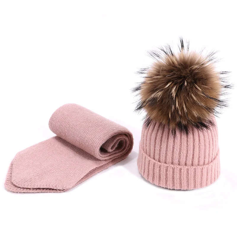 Children Winter Real Fur Pompon Hat Scarf Set for Boys Girls Knitted Cotton Hat Scarf 2 Pieces Baby Accessories Kids Gift Set