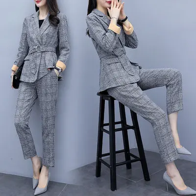 

New 2019 Spring Autumn Fashion Women's Business Pants Suits Houndstooth Checker Pattern OL Work Suits For Women 2 Pieces Set