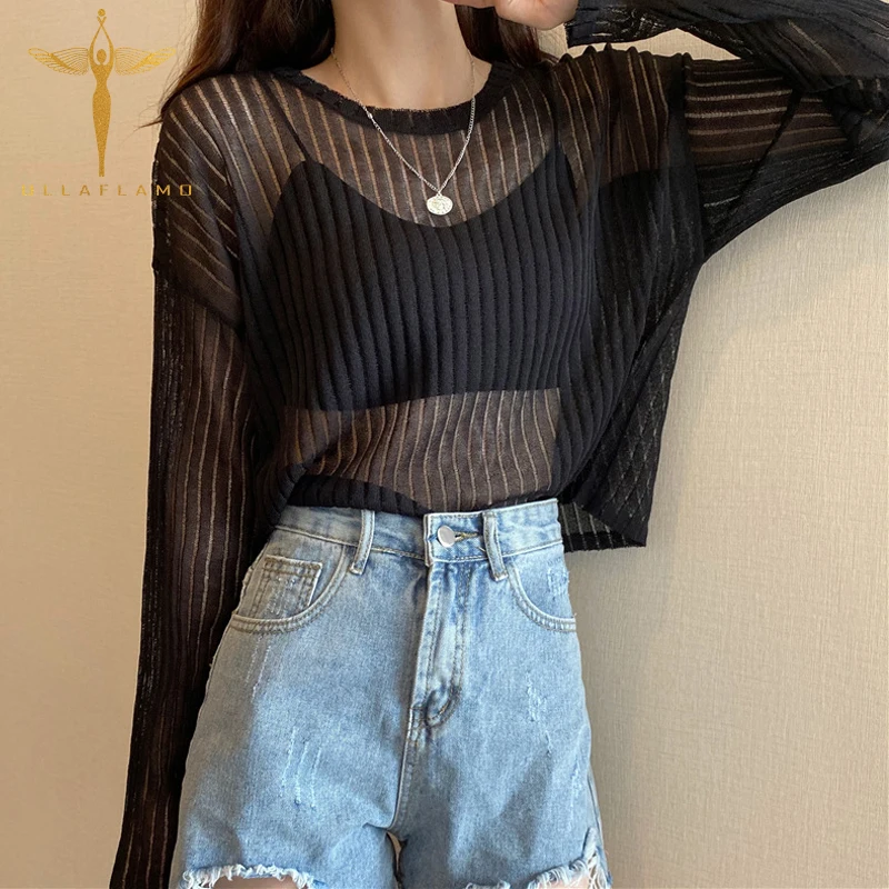 

Women's T Shirt Knitwear Thin Transparent High Elasticity Short Top Round Neck Long Sleeve Loose Solid Tshirt Ladies High Street