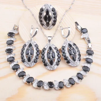 

Black Crystal Silver Color Jewelry Set For Women Wedding Cifts CZ Bracelet Necklace Pendant Earrings Ring 2020 New QS0712