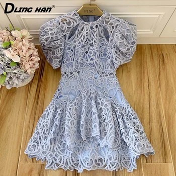 

LINGHAN Sexy Hollow Out Mini Dress Women's Fashion Puff Sleeve Embroidery High Waist Short Dresses Designer Spring Summer New