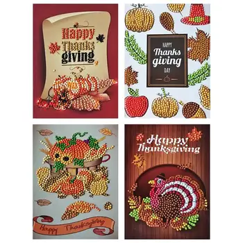 

4pcs Thanksgiving Wish Card Gift 5D DIY Round Drills Diamond Painting Hand-made Cards Embroidery Home Daily Festival Decoration