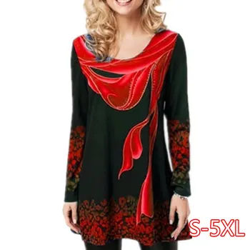 

Plus Size 5xl 2020 Women Spring Summer Boho Print Blue Tops Long Sleeve Elasticity Female T-Shirt Casual Loose Ladies Tee Shirt