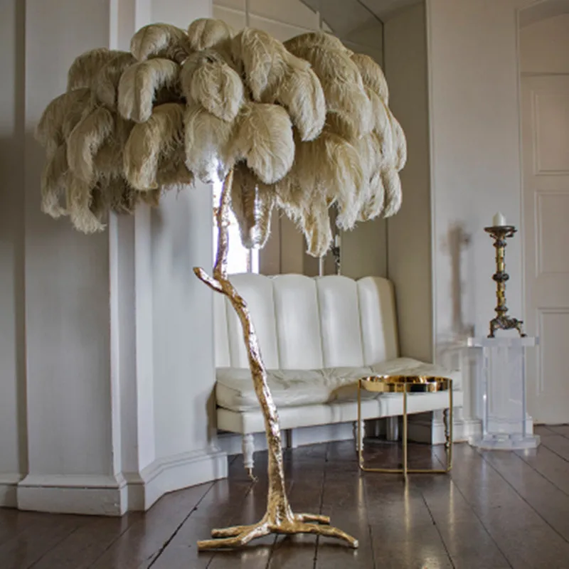 

Nordic Ostrich Feather Gold Copper Brass Resin Floor Lamp Tripot Standing Lamps for Living Room Home Decor Tree Form Stan