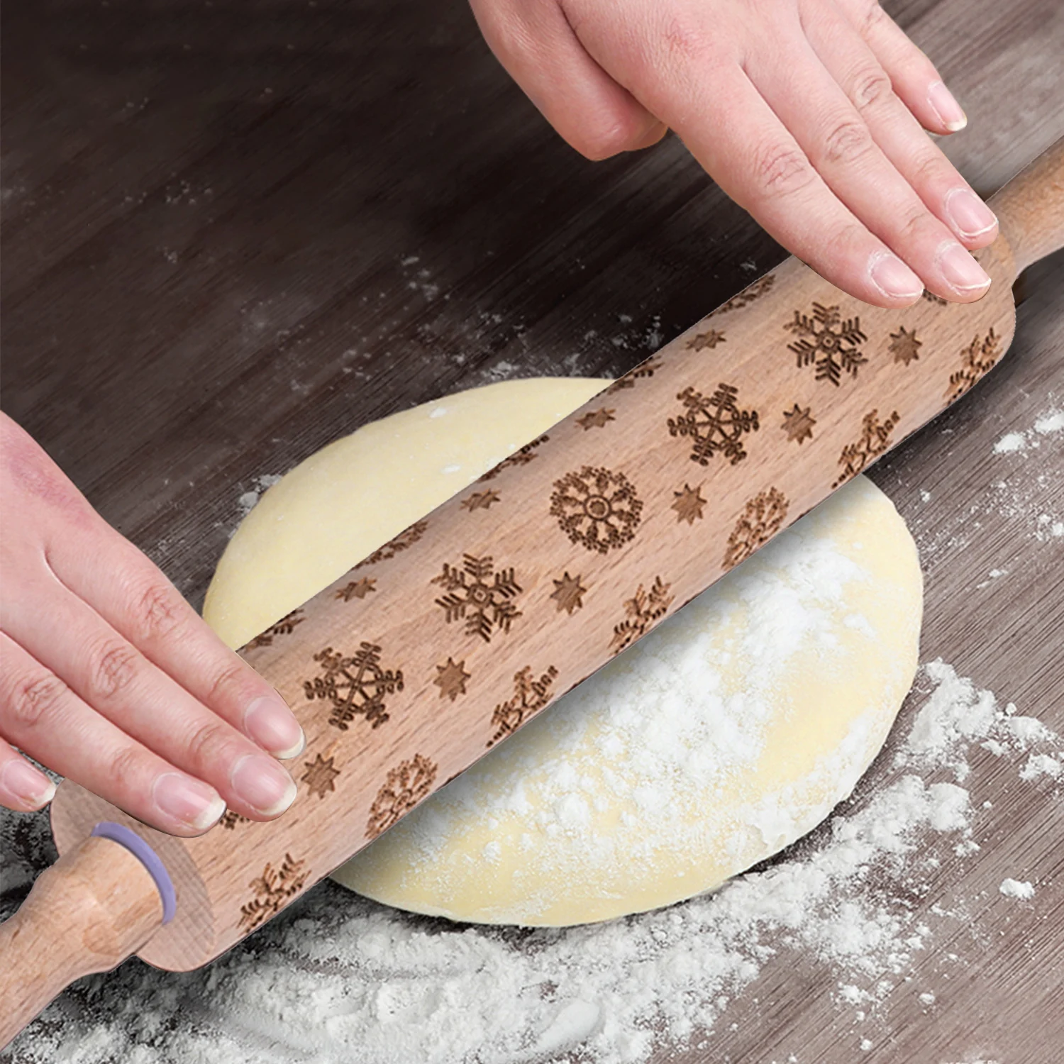 Wooden Rolling Pin With Easy Roll Bearings Engraved Embossing Rolling Pin Baking Cookies Cake Biscuit Noodle Dough 43cm/35 cm