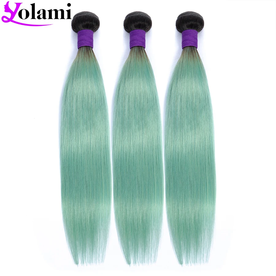 Yolami Ombre Brazilian Straight Hair 3 Bundles Dark Root 1B Light Green Human Pre Colored Non Remy | Шиньоны и парики