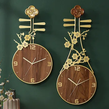 

Chinese Lute Zither Clocks Metal Wood Wall Clock Modern Design Farmhouse Decor Wall Decorations Living Room Wall Watch Vintage