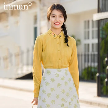 

INMAN 2020 Spring New Arrival Literary Cotton Pure and Fresh Lapel Embroidered Long Sleeve Retro Blouse