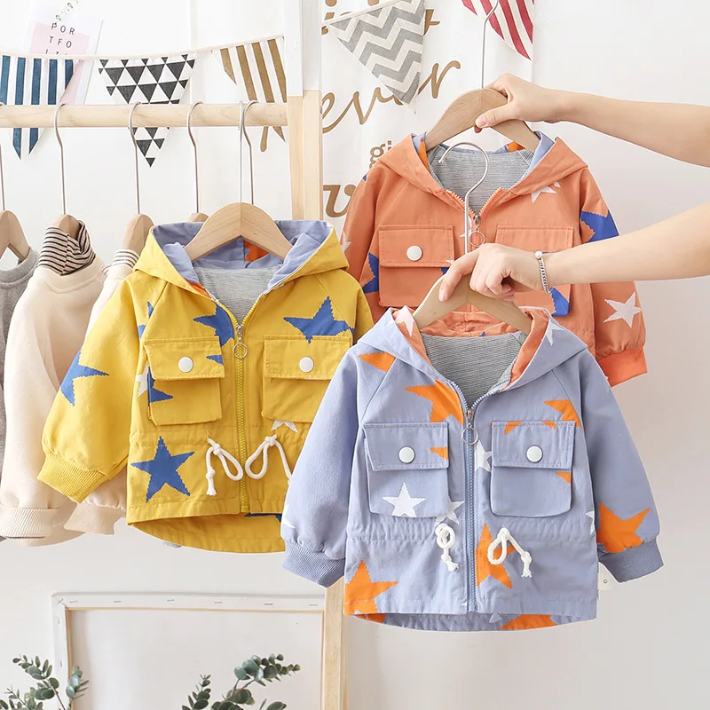 

Korean-style Children Full Printed Five-pointed Star Hooded Trench Coat 2020 Spring And Autumn Children Baby Singe Jacket Tops