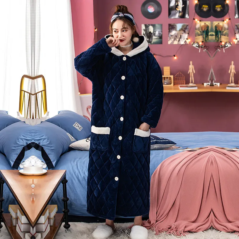 New Women Soft Flannel Navy Bathrobe Winter Cotton with Velvet Home Robea Female Hooded Extra Long Thick Warm Dressing Gown