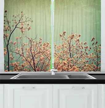 

Flower Kitchen Curtains Floral Details Trees Branches Spring Season Mountain Image Photograph Window Curtain for Kitchen Cafe