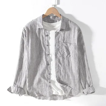 

New Retro Men Plaid Shirts Spring Summer Youth Loose Breathable Hemp Men Long Sleeve Shirt Men Clothes Linen Men Casual Shirts