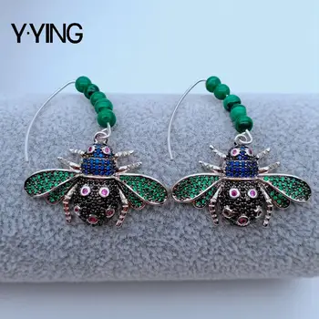 

Green Malachite Cubic Zirconia Micro pave Insect Charm white gold color plated Hook Earrings dangle earrings vintage for women