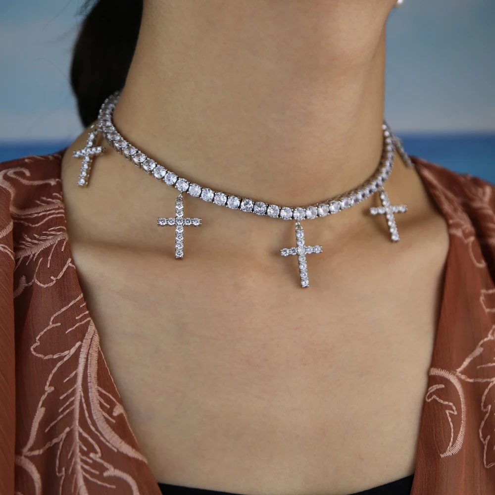 Iced Out Zircon Cross Pendant Necklace Chain Silver Color