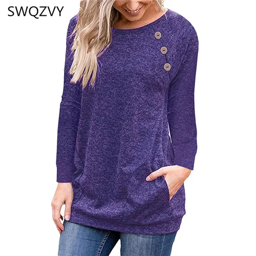 Свободные женские футболки, повседневные одноцветные Женские топы с круглым вырезом и пуговицами, модные элегантные женские топы, новая женская верхняя одежда - Цвет: purple blue