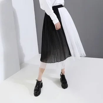 

Johnature New Black White Patchwork Hit Color Pleated Mesh Skirts Women 2020 Spring Summer Loose All Match Female A-Line Skirts