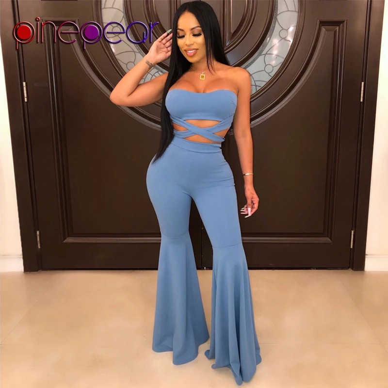 

PinePear Reversible Strapless Halter Crop Top and Wide Leg Pants Jumpsuit Women Two Piece Set Fashion Casual 2020 Dropshipping