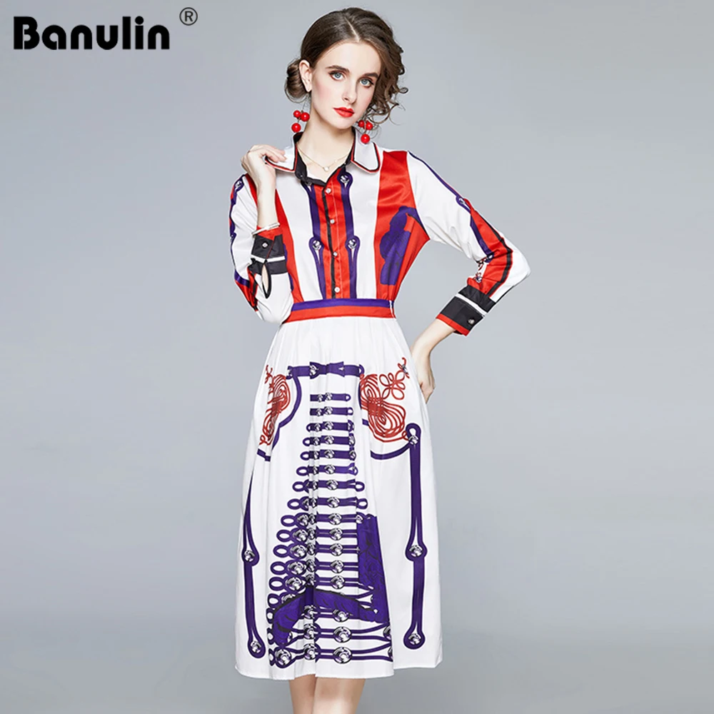 

Banulin Autumn 2020 Runway Designer Vintage Print Long Sleeve Top + A-line Long Skirt Set Women Boho 2 pcs Sets Outfits