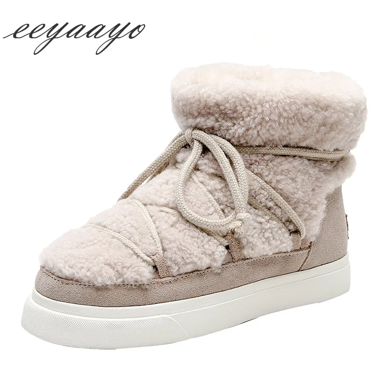 

2019 New Winter Cow Suede Women Ankle Boots Middle Heel Slip-On Warm Wool Lining Real Fur Casual Women Shoes Beige Snow Boots