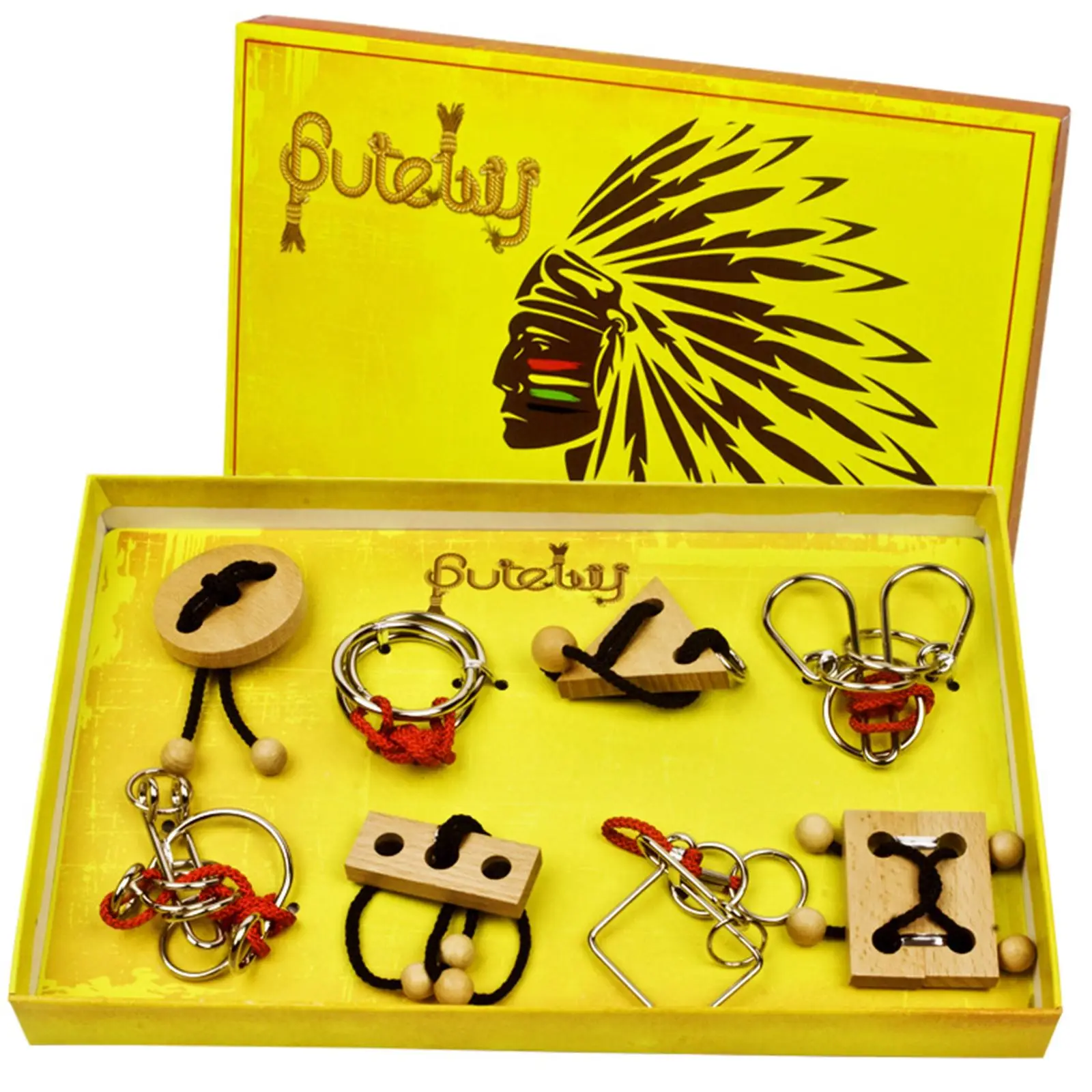 

8Pcs/set Wooden Kongming Lock Metal Brain Teasers IQ Puzzle Learning Educational Toy Gift with String