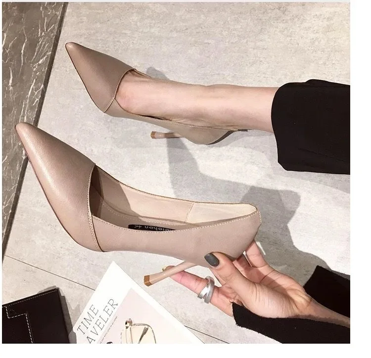 2020 шикарные женские туфли на шпильках с острым носком базовые мягкие кожаные