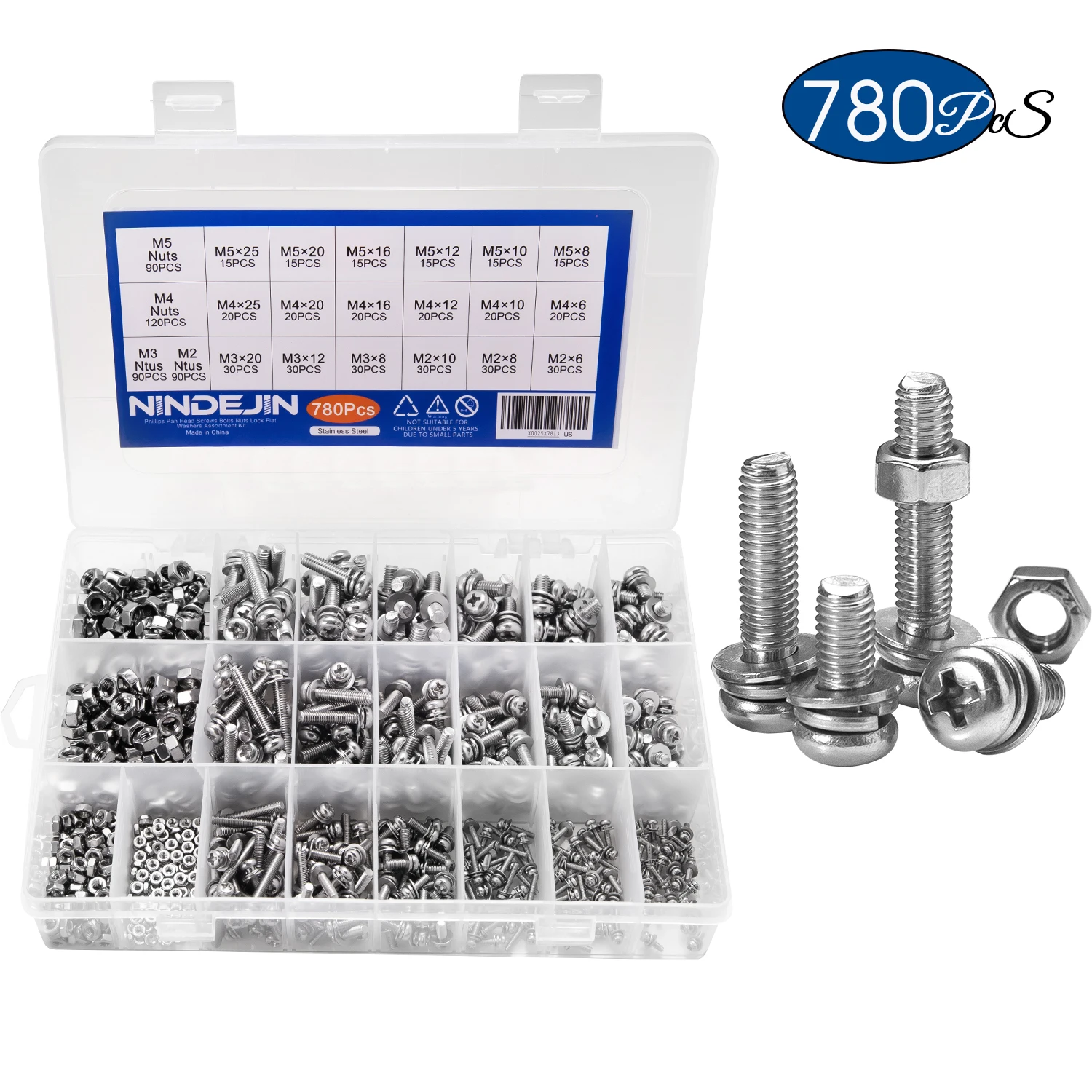 Beste NINDEJIN 780PCS M2 M3 M4 M5 Schroeven Philips Pan Hoofd Schroeven Set Met Bout Moer Lock Platte Ringen Machine schroeven Assortiment Kit