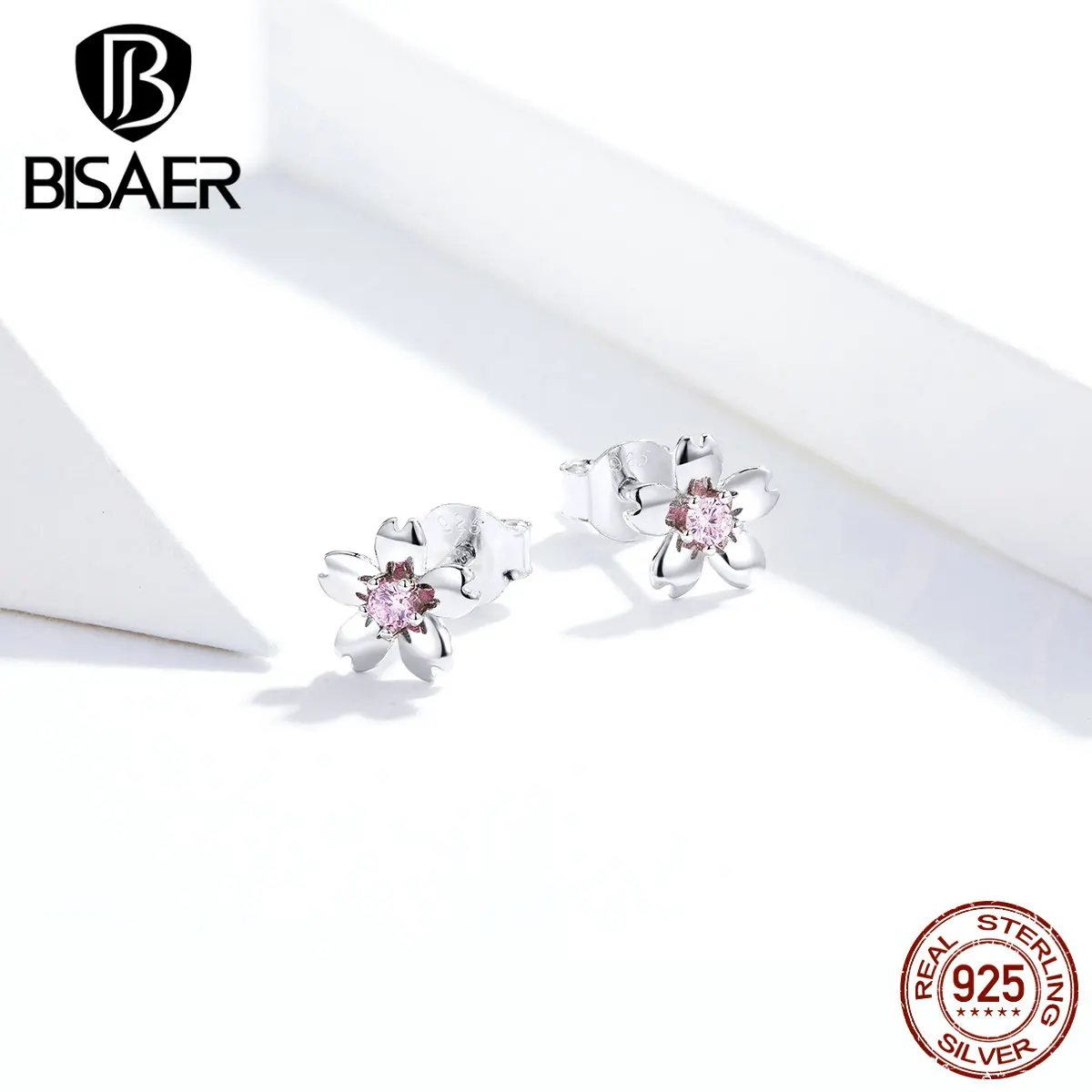 Серьги с цветами, BISAER, 925 пробы, серебро, маленькие вишневые цветы, серьги-гвоздики для женщин, Стерлинговое Серебро, ювелирное изделие ECE784