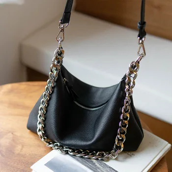 

The First Layer Cowhide Chain Bag Women's Fashion Messenger Soft Leather Retro Niche Shoulder Bag 2020 New Simple Small Bags