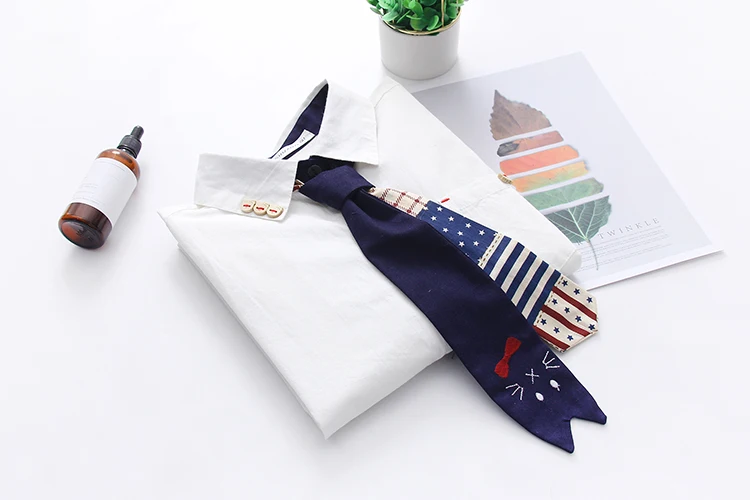 New Arrival Women Cartoon Cat Embroidery Cotton White Shirt Turn-Down Collar Button Up Cute Girls Blouse With Tie Feminina Blusa blouses & shirts